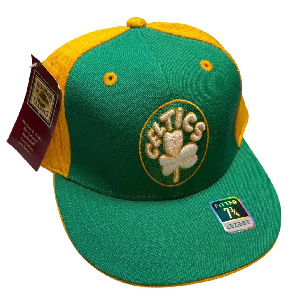 Reebok Boston Celtics Hat Mens 7 3/4 Green Yellow Hardwood Classics Fitted Mesh